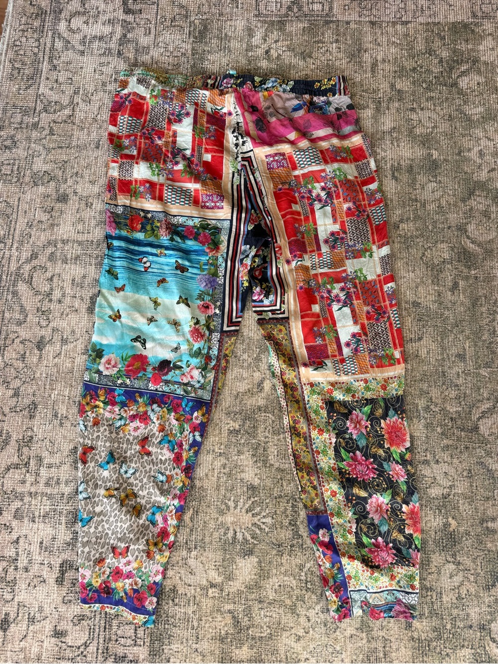Johnny Was Silk Patchwork Flowy Pants Arya Tami Scarf Print Wide Leg Size XL - Picture 7 of 7